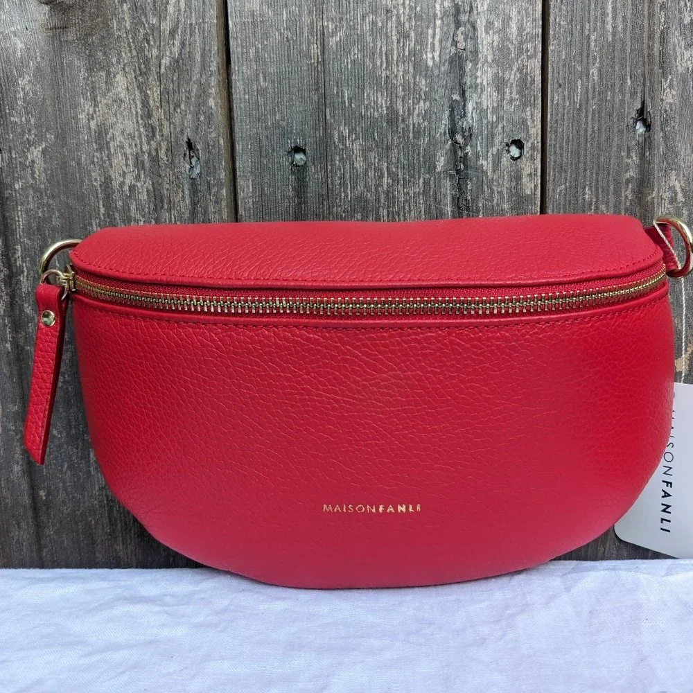 Italian Leather Fanny Pack with 2 Straps | Red Crossbody Waist Bag Real Leather - Picture 4 of 11